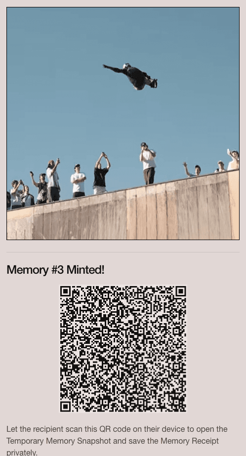 QR code screen for gifting the memory